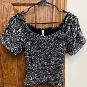 Anthropologie Black and White Floral Smocked Blouse